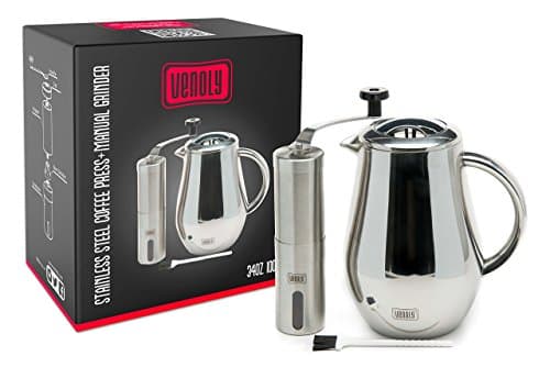 French Press Coffee Maker & Burr Grinder Bundle, Stainless Steel Double Walled Brewer & Manual Conical Grinder - 8 Cups - by Venoly