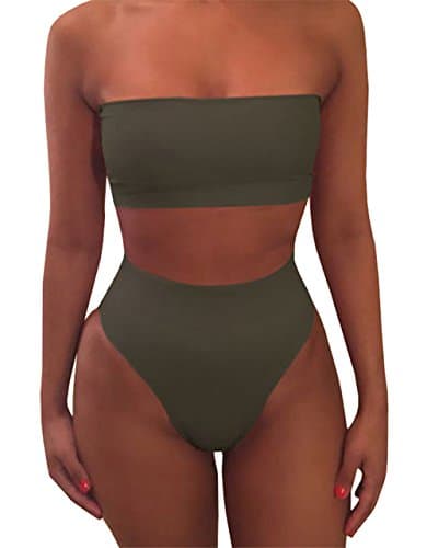 Sheler Women's 2 Piece Solid Bandeau Swimsuit Top Bottom Bikini Sets (Green, XL)