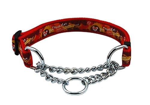 Strimm Adjustable Nylon Martingale Choke Collar with Pirate Printed Pattern for Large and Extra Large Breed Dogs- Red
