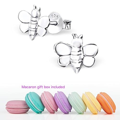 CuteCachoo - Mini macaron gift box included! Childrens / womens simple honey bees ear studs. Quality sterling silver earrings for kids or adults.