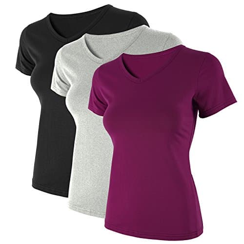 HENCY Women's V-Neck Basic T-Shirt Short Sleeve Cotton 3 Packs Top Tee Black Grey Fuschia