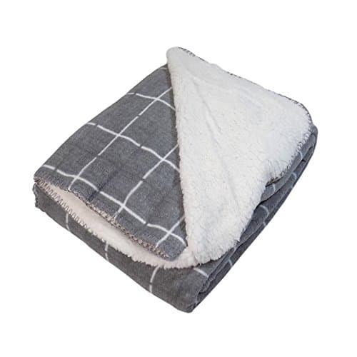 SILVER GREY CHECK OVER-LOCK STITCHED SHERPA FLEECE THROW BLANKET 125CM X 150CM