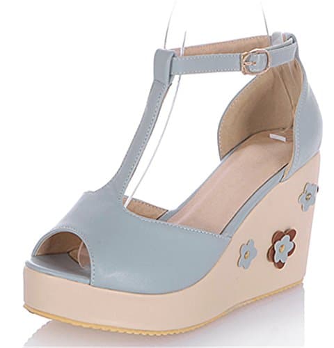 Women's Spring Summer Platform Peep Toe Buckle High Heel PU Leather Ankle Strap Casual Wedge Sandals Size 2 UK Blue