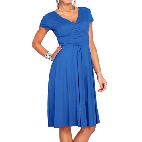 QIYUSHOW Short Sleeve V-Neck Ruffled Waist Solid Color Knee Long Casual Dress (M, Royal Blue)