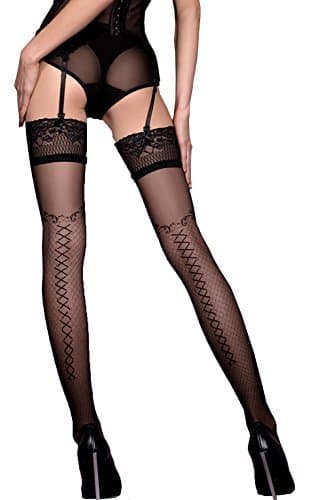 Sexy Black beautiful pair hold ups imprinted criss-cross pattern middle bold criss cross lovely swirl silicon straps ladies hosiery 421 Plus size S/M L/XL UK (L/XL)