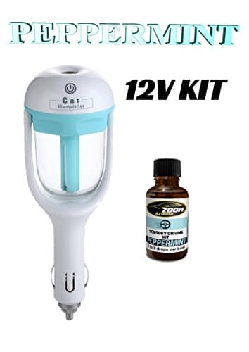 In Car or Truck Misting Diffuser Kit for Aromatherapy Fragrances, ultrasonic 12volt adapter for essential oils in car, 3in1 humidifying, aromatherapy and dust control in your car, truck or motor home, air purifying and cool misting (Peppermint/blue) Scent Included