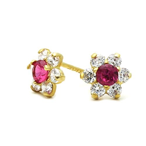 Little Treasures 14 ct Gold Stud Earring red and white CZ Cluster Yellow Gold Earring W/Safery-Back For Kids & Teens