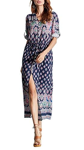 KE1AIP Womens Boho V Neck Floral 3/4 Sleeve Side Slip Tie-Waist Long Sleeve Floral Maxi Long Dress (XXL, Dark Blue)