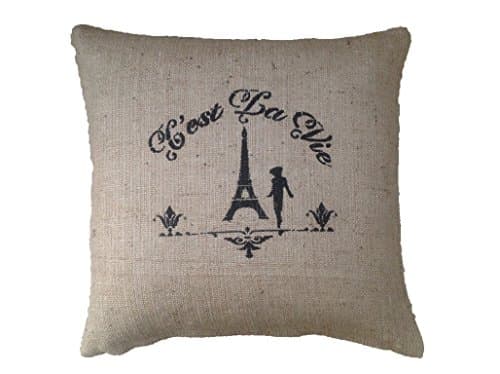 Cest La Vie Hand painted French shabby chic rustic hessian Burlap beige country style cushion cover (16"X16")