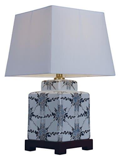 Floral Tea Caddy Lamp with Blue and Black Design, includes a wooden stand and White silk shade