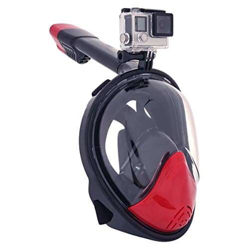 Snorkel Mask 180°Panoramic View Full Face Free Breathing Design with Anti-fog & Anti-leak, Prevent Gag Reflex with No-mouthpiece Tubeless Design for Adults and Kids by AttoPro (Black with Red, Large/Extra Large)
