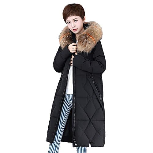 women warm thicker down jacket plush collar hooded long sleeve zipper pocket puffer coats windproof parkas . black . l