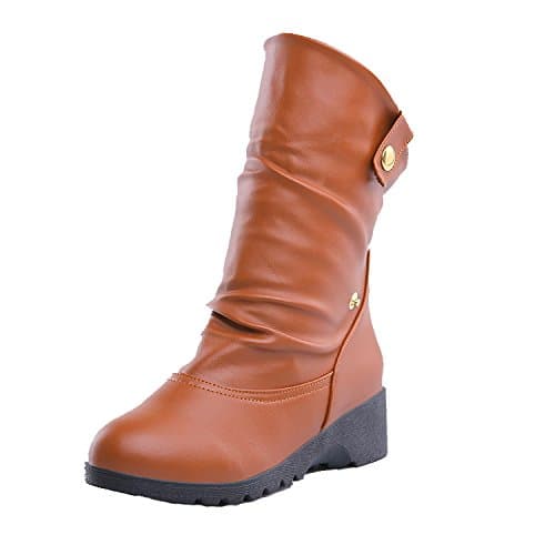 AgeeMi Shoes Women Pull-On Kitten-Heels Round Closed Toe PU Solid Low-Top Boots,EuX126 Brown 36