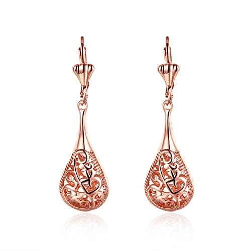 Lekima Hoop Earrings Hollow Water Drop Shaped Engraved Pattern Rose Gold Plated Ethnic Anti-Allergy Copper Classical Dangle Earrings Wedding Birthday Christmas Jewellery Gift For Girls Lady Women