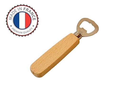 Bottle opener with solid beech wood handle, made in France, formidable and easy with all beer lids, sodas and other drinks, both in the bar and at home.