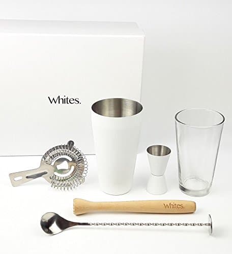 Whites 6 Piece Cocktail Set With 800ml Boston Shaker, 500ml Glass, Twisted Bar Spoon, Wooden Muddler, Strainer, 25/50ml Measure, and 4 Classic Cocktail Recipes