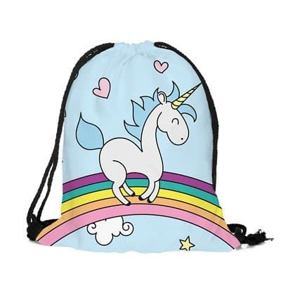 Emoji Unicorn Pikachu Pokemon Bulk Drawstring Bag Backpack Party Bag Filler Gift Movie Gym PE School Swimming (1x Blue and White Unicorn on Rainbow With Hearts)