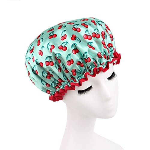 Shelley commerce Waterproof Double Layers Women's Shower Cap Reusable Bath Cap Bathing Hat (Green Cherry)