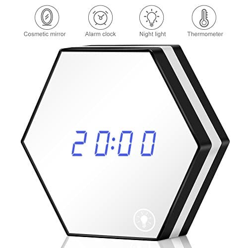 LASCOTON 2018 Mirror Alarm Clock, TankerStreet Digital Touch Sensor Date Temperature Display Night Light Smart Alarm with Adjustable LED & Makeup Mirror USB Rechargeable Multi-Function Clock for Bedside, Travel, Table, Wall Hanging-Black