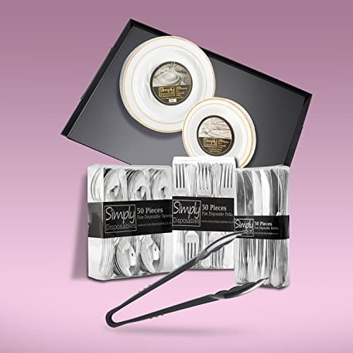 200 Piece Disposable Dinner Set With Gold Rims With Serving Platters And Tongs For Up To 20 People