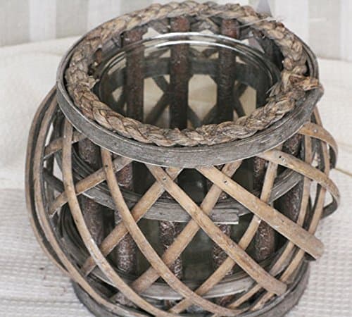 Rustic Style WOVEN BAMBOO Hurricane Lantern with Glass Candle Holder - 16cm