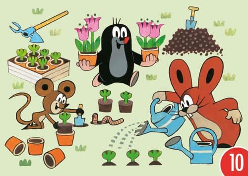 Pack: 10 Postcard "The Little Mole of modern times MW with Mouse and Rabbit on plants, KARTENKOMBINAT © Zdenek MILER