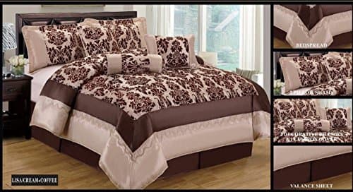 Kelly 7 Piece Damask Flock Quilted Bedspread Comforter Complete Bedding Duvet Set - Double & King Size (King Bed Size, Kelly Cream Brown)