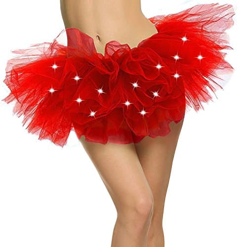 Caissen Women's Mini 5 Layered LED Light Up Tulle Tutu Skirt Costume Party Dance Wear Ball Gown Petticoat Red