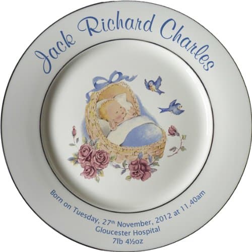 Personalised Christening Plate - Blue Cradle Design on a Plate with 2 Platinum Bands