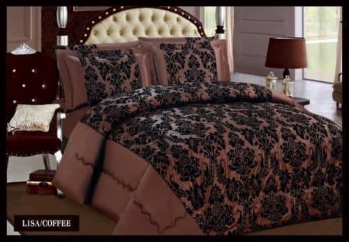 Luxury 3 pieces Lisa comforter bedspread floral pattern quilted flock damask With 2 Pillow shams Double, King & Super King sizes (KING, COFFEE)
