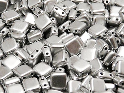 40pcs Czech Glass Beads Tile Two-Hole, Flat Square 6x6x2.9mm, AB Grade, Silver Metallic Matte