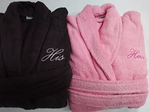 HIS & HERS TERRY BATHROBES EMBROIDERED CHARCOAL DARK GREY & SOFT PINK SUPERIOR 500 GSM FREE SIZE X LARGE WILL FIT 48" CHEST MEN AND LADIES SIZE 16