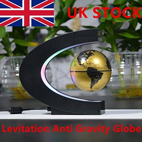 2018 Levitating Globe With LED Lights Magnetic Field Levitating World Map Christmas Gift Home Office Desk Decoration (C Shape GOLDEN)