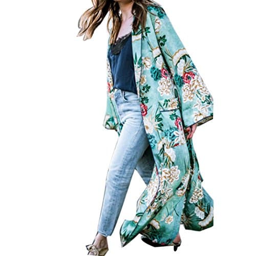 Women's Boho Long Sleeve Cardigans Long Maxi Dresses Coat Floral Print Cover Up Tassels Kimonos S-3XL