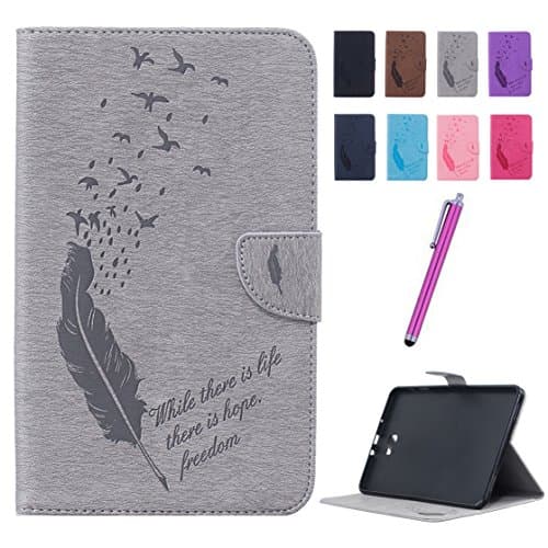 Romtronic Practical and Fashion Flip Feather Pattern Premium Wallet Case Back Cover with Stand and credit Card Holder Function mobile Case for Samsung Galaxy Tab A 10.1 2016 (SM-T580 \ SM-T585), Stylus Pen included (grey)