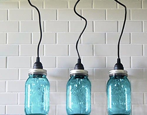 3 Hanging Large Blue Mason Jar Pendant Lights, Three Lights, Industrial Farmhouse drop light fixture, Blue mason jar pendent kitchen lights, Rustic mason jar lighting, Shabby chic