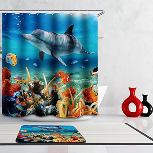 3D Shower Curtain and Bath Mat Set, Waterproof Polyester Individuality Bathroom Shower Curtain(71 x 71 inch) and Memory Foam Soft Bath Mats Rugs(16*24 inch) (The underwater world)