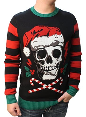 Ugly Christmas Sweater Men's Skull Santa Hat Light Up Pullover Sweatshirt-XL