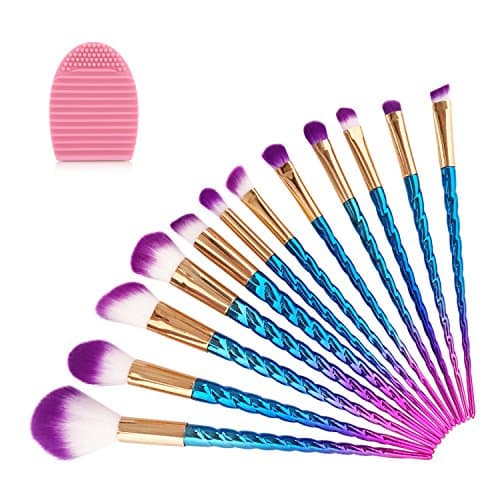 Makeup Brush Set, LURICO 12pcs Unicorn Design Handle Shape Makeup Brushes Tools Eyeshadow Blusher Blending Cosmetic Brushes with Silicone Brush Egg / Travel Pouch
