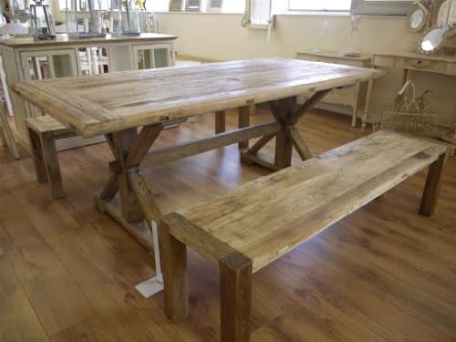Large Elm Dining Kitchen Table 6'7" & Two Benches