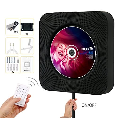 Portable CD Player, Hompie Upgraded Wall Mounted 5-IN-1 CD Music Player HiFi Bluetooth Speaker Home Audio Boombox with Remote Control USB Drive AUX in & 3.5mm Headphone Jack with 16G U-Disk(Black