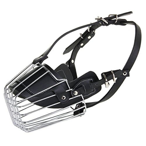 GoBuying Extra Large XL Wire High Quality PU Leather & Stainless Steel Metal Cage Pet Dog Muzzle Anti-bite Basket Mouth Cover Bark Protective Chew Safety Mask Cane Corso Great Dane Size 5.1 Inch