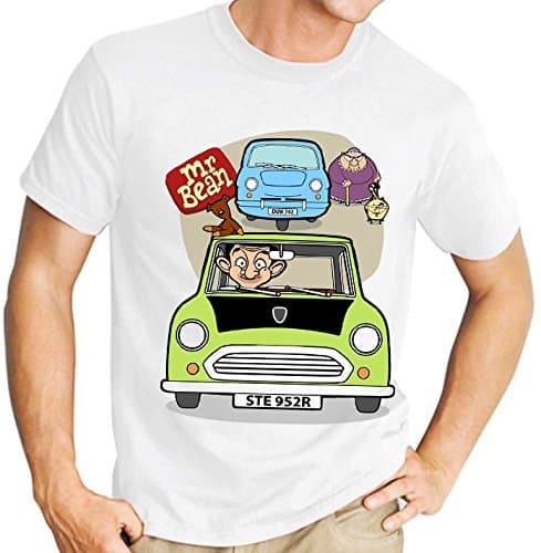 Lukreative Design Cartoon Mr Bean - Version with 3 Wheel Car and Woman - Mens White Tee Shirt -Size: Large : 40/42