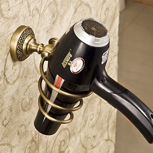 Weare Home Antique Solid Brass Material Wall Mounted Spiral Hair Dryer Holder Hair Blower Bracket with Carved Design Durable Vintage Simplicity Lavatory Accessories