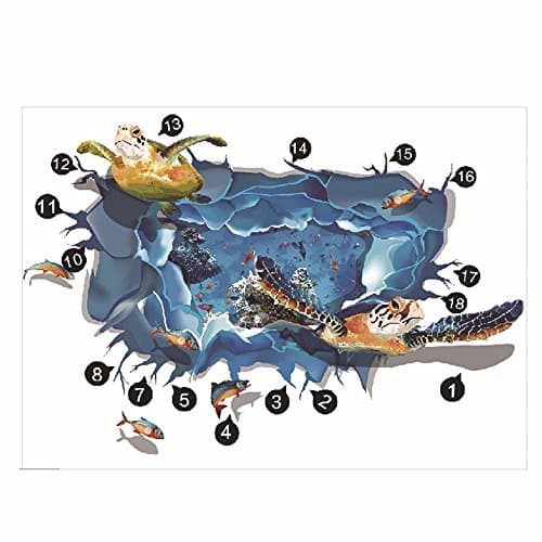 Underwater World Series Sea Turtle Theme 3D Wall Stickers Wall Decals Wallpaper Removable Wall Decor Decorative for boys and girls' bedroom living room decorating 60*90cm (1 set of 2)