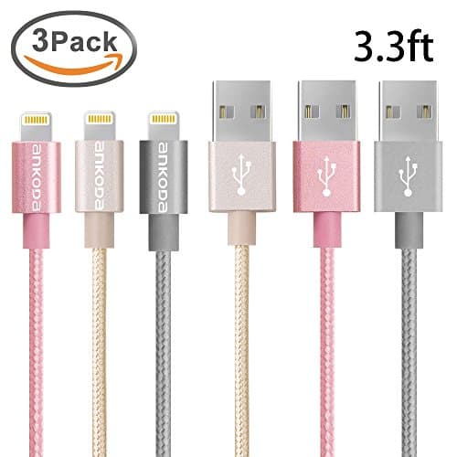 Ankoda® 3Pack 3.3ft/1M Nylon Braided Lightning to USB Cable, Lightning Data Sync & Charge USB Cable for iPhone SE 6S 6S Plus 6 6Plus 5S 5C 5, iPad Air Air 2 mini2 mini3 4th, iPod Nano, iPad Pro and More (Mix Color)