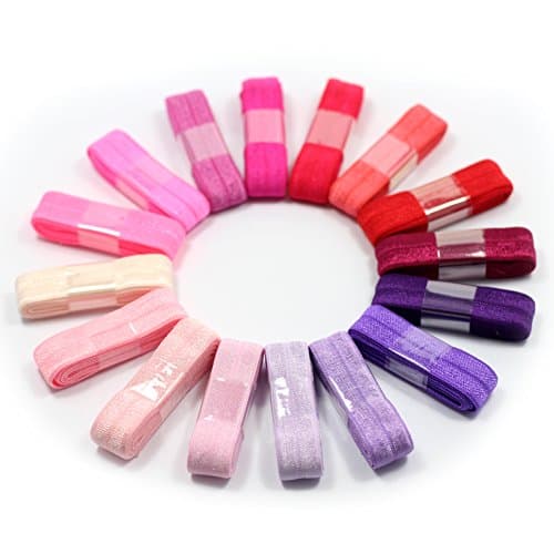 Midi Ribbon Value Pack 5/8" 16mm Wide Stretch Fold Over Elastic-16 Colors X 1 Yard 0.91 Meter Length Each Total 16 Yards 14.6 Meters Per Package-Pink/Purple Color-For Hair Tie Headband Making Pack 7