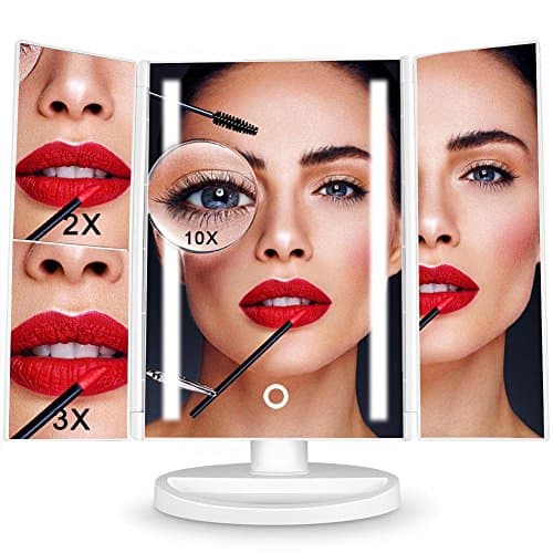 Makeup Mirrors, 24 LED Vanity Mirror with 1X 2X 3X 10X Magnification Trifold Illuminated Cosmetic Mirrors Battery USB Powered 180 Degree Adjustable Rotation Table Countertop Cosmetic Bathroom Mirror