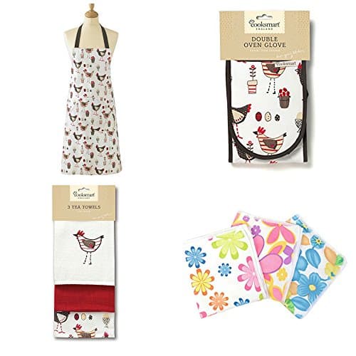 Cooksmart Kitchen Pack, Tea towels, Oven Gloves and Apron Set. House warming present, New House gift set. Ideal present. Free 3 pack micro fibre floral cleaning cloths. (Chicken)