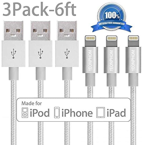iPhone Charger, YEONPHOM 3Pack 6FT/2M Nylon Braided Lightning to USB Cable 8-Pin Data Sync Cord Charging Cable for Apple iphone 7/7Plus/6s/6s plus/6plus/6,SE/5s/5c/5,iPad Mini/Air/Pro, iPod(Silver)